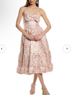 Fate Strapless Bow-Front Floral Midi Dress in Blush and Gold